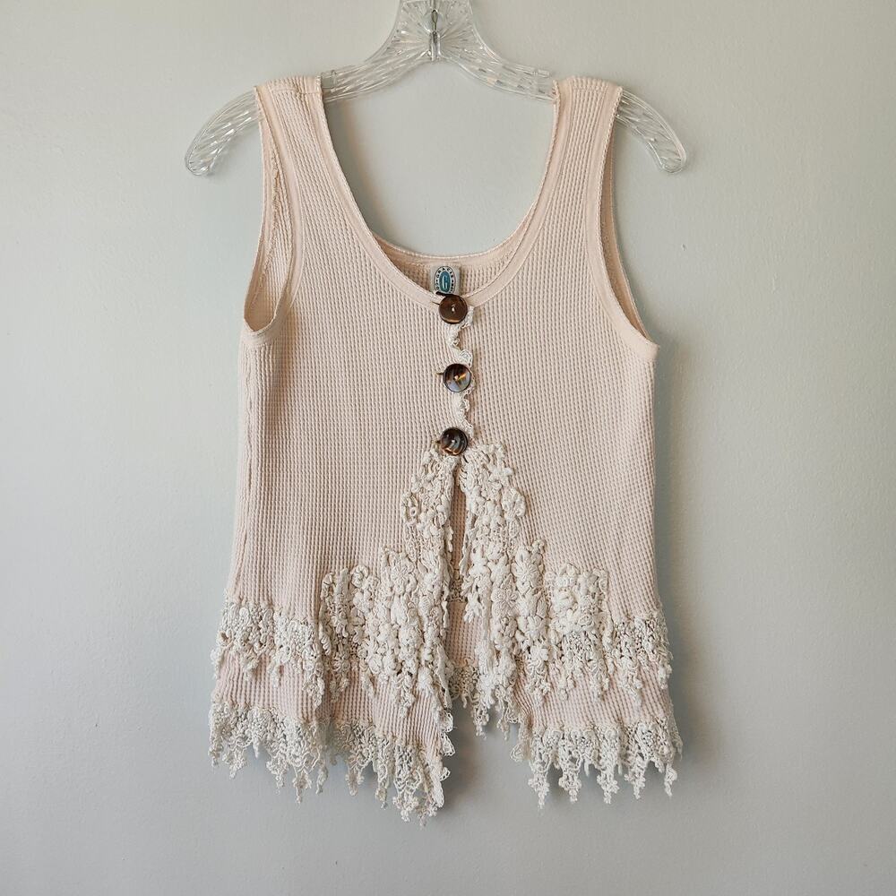 Gracie Collection Tank Top Women's O/S Tan Waffle Knit Crochet Fringe Hem Boho